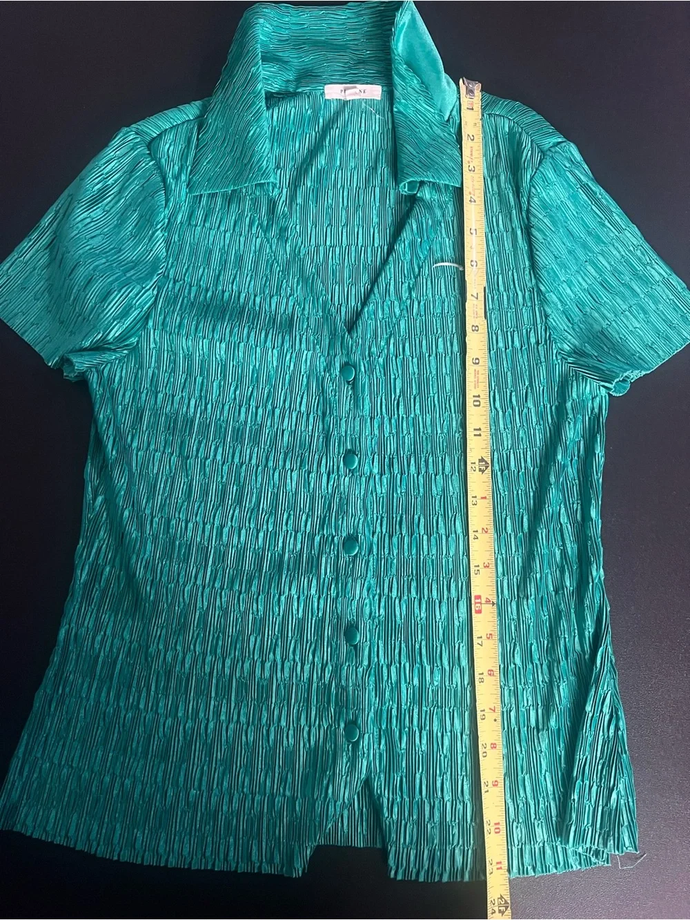 Pleione Womens Blouse Size M Green Textured Button-Up Short Sleeve Stretchy - Picture 6 of 6